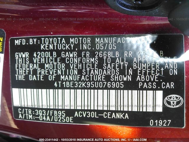 4T1BE32K95U076905 - 2005 TOYOTA CAMRY LE/XLE/SE Қызыл фото 9