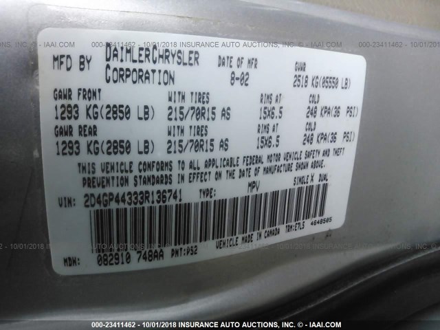 2D4GP44333R136741 - 2003 DODGE GRAND CARAVAN SPORT SILVER photo 9