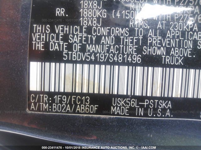 5TBDV54197S481496 - 2007 TOYOTA TUNDRA CREWMAX SR5 Navy photo 9