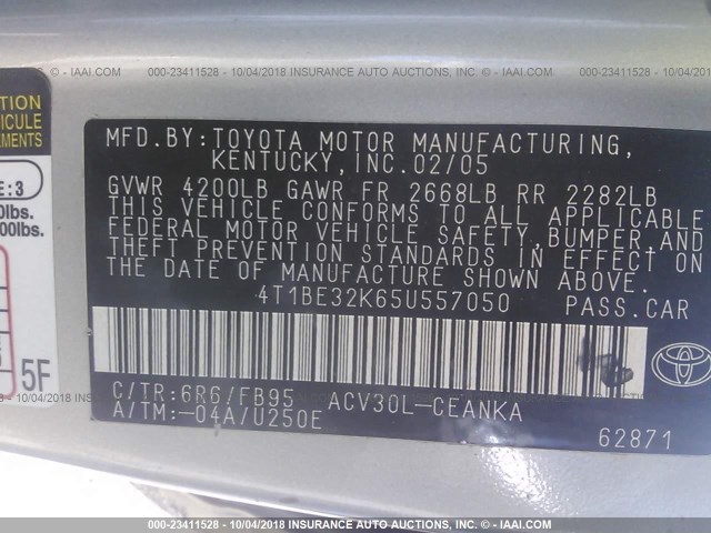 4T1BE32K65U557050 - 2005 TOYOTA CAMRY LE/XLE/SE Бежевый фото 9