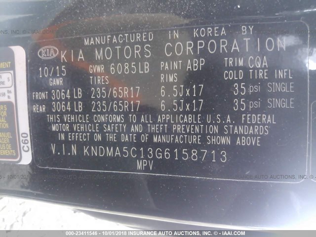 KNDMA5C13G6158713 - 2016 KIA SEDONA L BLACK photo 9