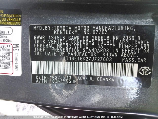 4T1BE46K27U727603 - 2007 TOYOTA CAMRY NEW GENERAT CE/LE/XLE/SE GRAY photo 9