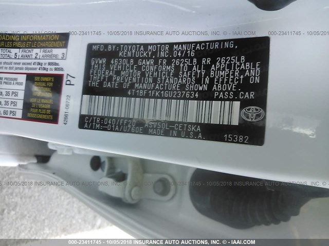4T1BF1FK1GU237634 - 2016 TOYOTA CAMRY LE/XLE/SE/XSE 白色 照片 9