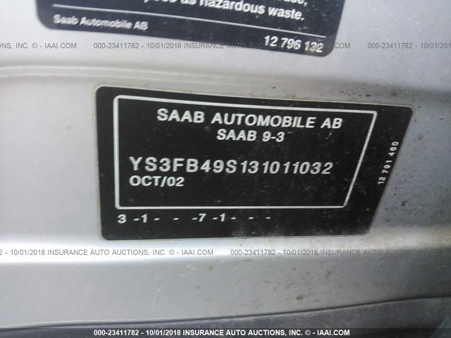 YS3FB49S131011032 - 2003 SAAB 9-3 LINEAR SILVER photo 9