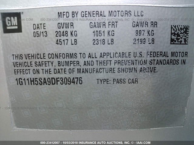 1G11H5SA9DF309476 - 2013 CHEVROLET MALIBU LTZ 银色 照片 9