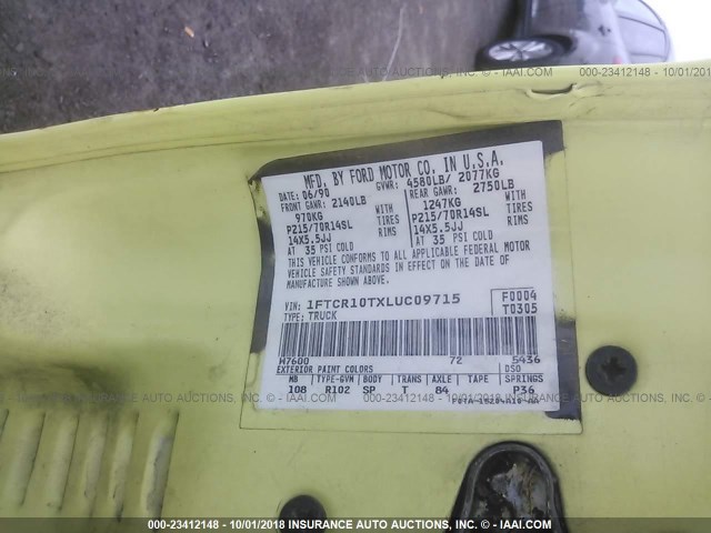 1FTCR10TXLUC09715 - 1990 FORD RANGER YELLOW photo 9