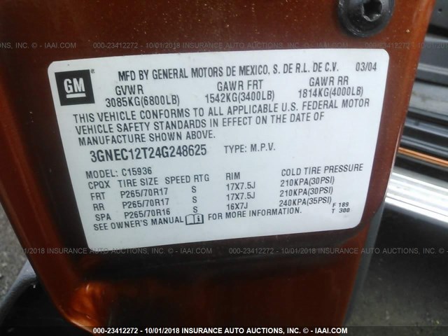 3GNEC12T24G248625 - 2004 CHEVROLET AVALANCHE C1500 ORANGE photo 9