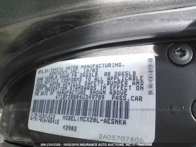 4T1BF28B04U349789 - 2004 TOYOTA AVALON XL/XLS GRAY photo 9