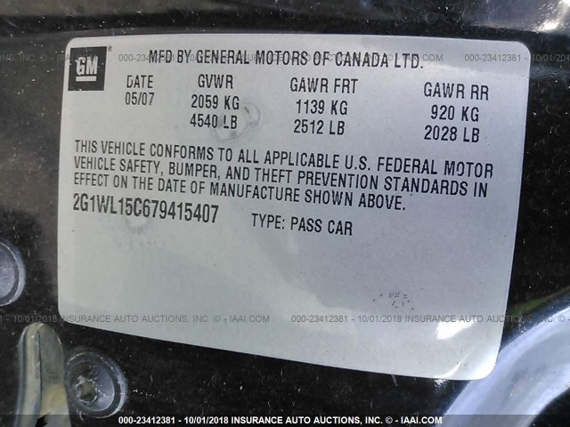 2G1WL15C679415407 - 2007 CHEVROLET MONTE CARLO SS შავი ფოტო 9