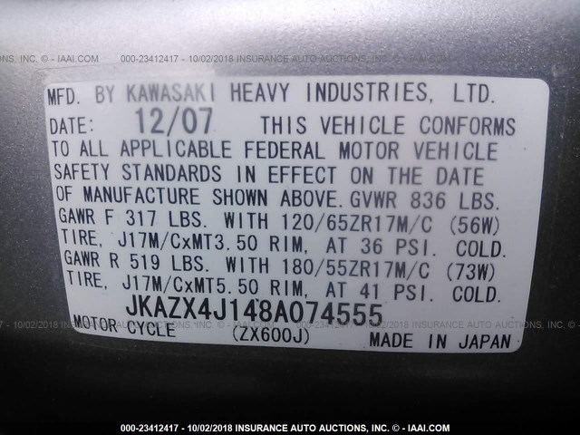 JKAZX4J148A074555 - 2008 KAWASAKI ZX600 J1 BLACK photo 10