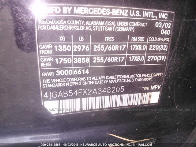 4JGAB54EX2A348205 - 2002 MERCEDES-BENZ ML 320 BLACK photo 9
