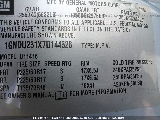 1GNDU231X7D144526 - 2007 CHEVROLET UPLANDER LS Синій фото 9