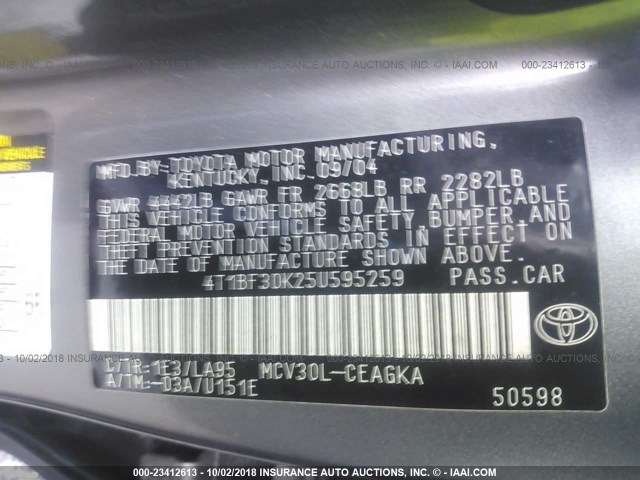 4T1BF30K25U595259 - 2005 TOYOTA CAMRY LE/XLE/SE GRAY photo 9