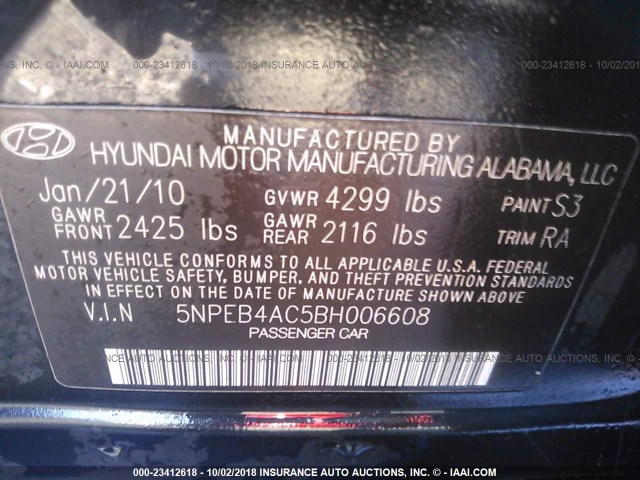 5NPEB4AC5BH006608 - 2011 HYUNDAI SONATA GLS BLACK photo 9