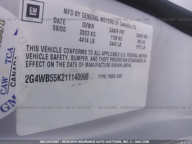 2G4WB55K211140998 - 2001 BUICK REGAL LS SILVER photo 9