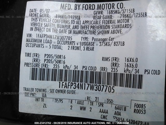 1FAFP34N17W307705 - 2007 FORD FOCUS ZX4/S/SE/SES 黑色 照片 9