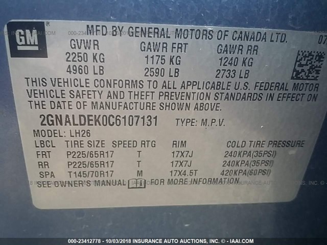 2GNALDEK0C6107131 - 2012 CHEVROLET EQUINOX LT Açıq mavi foto 9