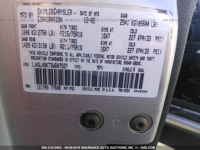 1J4GL48K73W607527 - 2003 JEEP LIBERTY SPORT/FREEDOM ვერცხლისფერი ფოტო 9