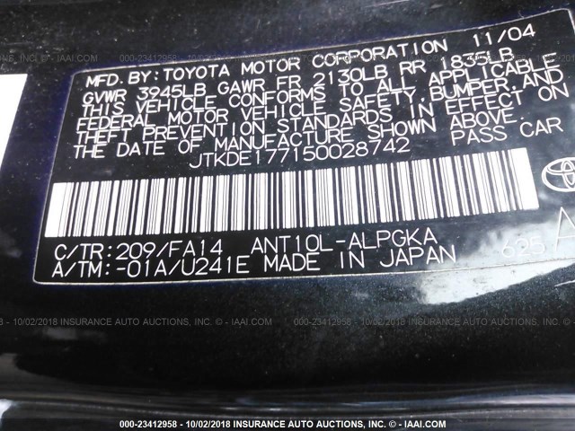 JTKDE177150028742 - 2005 TOYOTA SCION TC BLACK photo 9