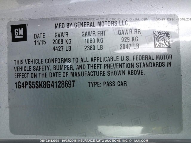 1G4PS5SK8G4128697 - 2016 BUICK VERANO SILVER photo 9