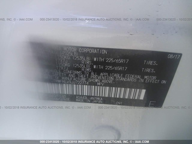 JTMWFREV9JJ722774 - 2018 TOYOTA RAV4 ADVENTURE/XLE 白色 照片 9