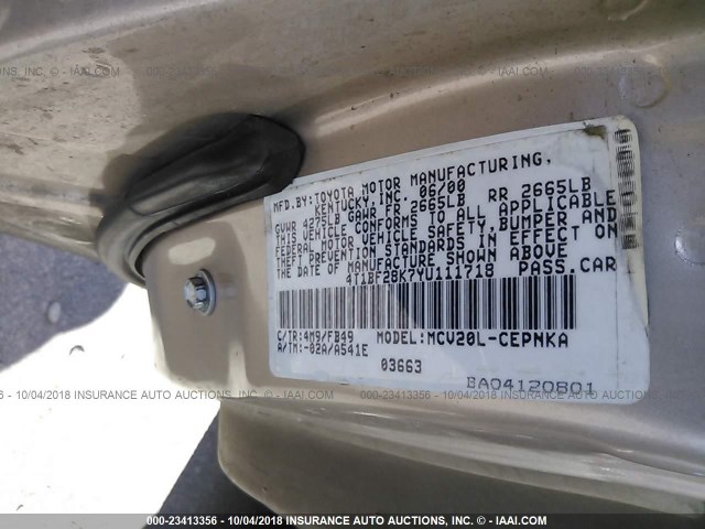 4T1BF28K7YU111718 - 2000 TOYOTA CAMRY LE/XLE 香槟色 照片 9