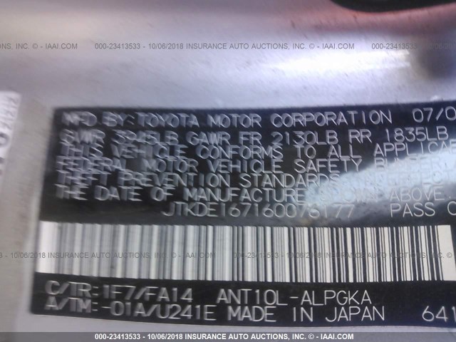 JTKDE167160076177 - 2006 TOYOTA SCION TC 银色 照片 9