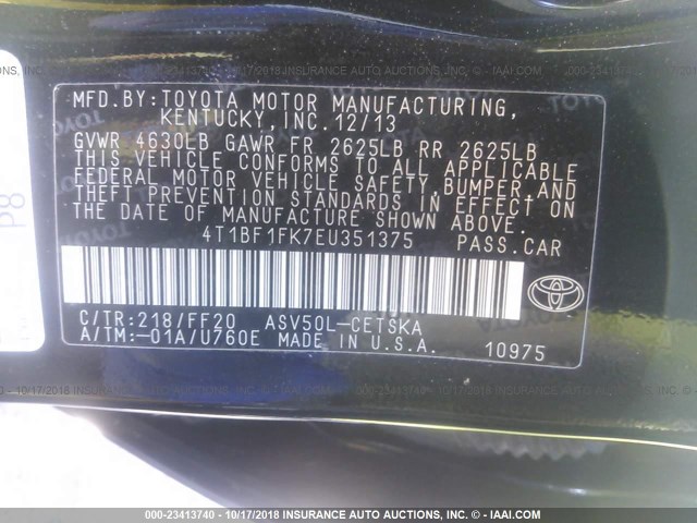 4T1BF1FK7EU351375 - 2014 TOYOTA CAMRY L/SE/LE/XLE Qara foto 9