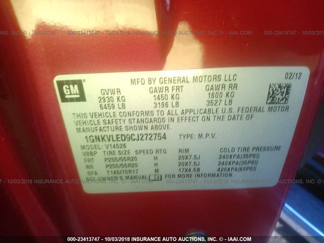 1GNKVLED9CJ272754 - 2012 CHEVROLET TRAVERSE LTZ RED photo 9