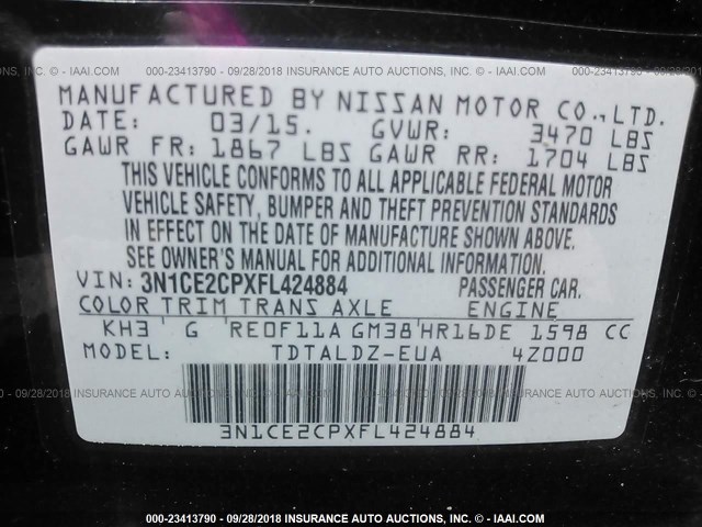 3N1CE2CPXFL424884 - 2015 NISSAN VERSA NOTE S/S PLUS/SV/SL/SR BLACK photo 9