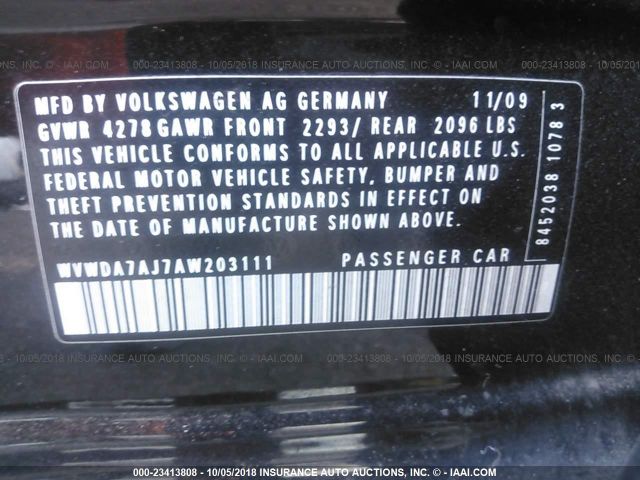 WVWDA7AJ7AW203111 - 2010 VOLKSWAGEN GOLF BLACK photo 9