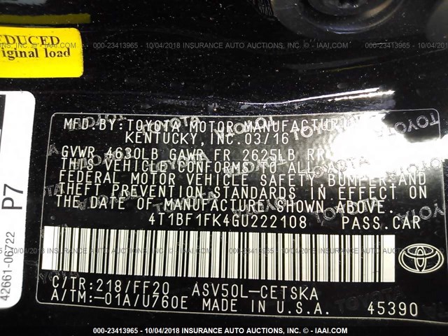 4T1BF1FK4GU222108 - 2016 TOYOTA CAMRY LE/XLE/SE/XSE 黑色 照片 9