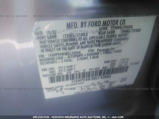 1FAHP24W38G142666 - 2008 FORD TAURUS SEL SILVER photo 9