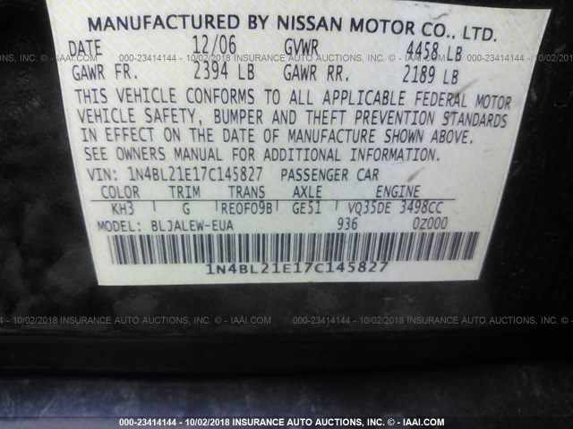 1N4BL21E17C145827 - 2007 NISSAN ALTIMA 3.5SE/3.5SL BLACK photo 9