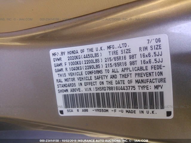 SHSRD78816U443775 - 2006 HONDA CR-V EX GOLD photo 9