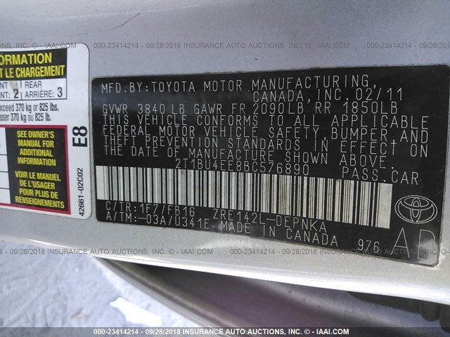 2T1BU4EE8BC576890 - 2011 TOYOTA COROLLA S/LE GRAY photo 9