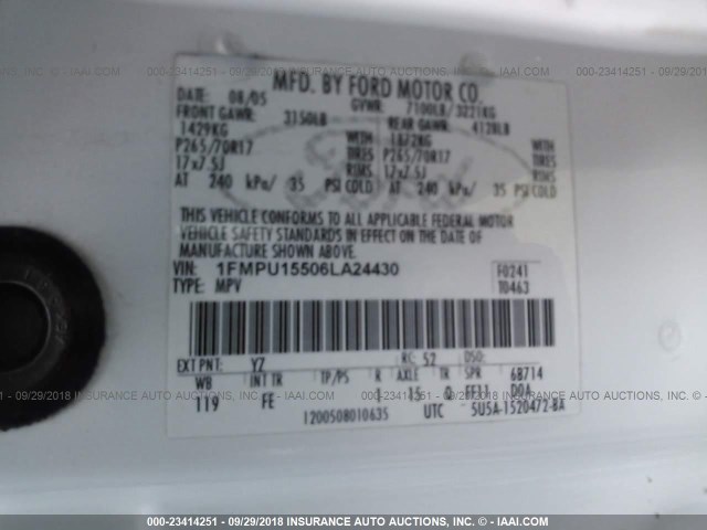 1FMPU15506LA24430 - 2006 FORD EXPEDITION XLT WHITE photo 9