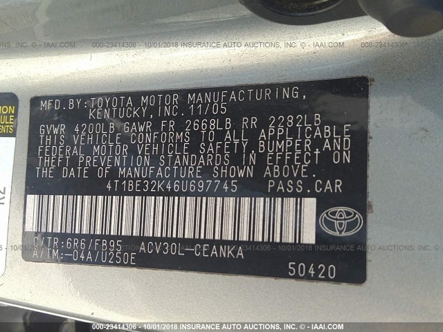 4T1BE32K46U697745 - 2006 TOYOTA CAMRY LE/XLE/SE GREEN photo 9