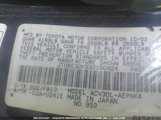 JTDBE32K530160924 - 2003 TOYOTA CAMRY LE/XLE Көк фото 9