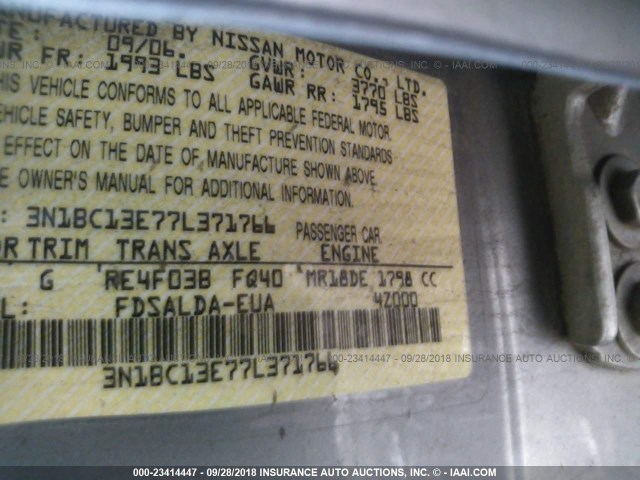 3N1BC13E77L371766 - 2007 NISSAN VERSA S/SL GRAY photo 9