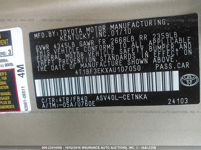 4T1BF3EKXAU107050 - 2010 TOYOTA CAMRY SE/LE/XLE GOLD photo 9