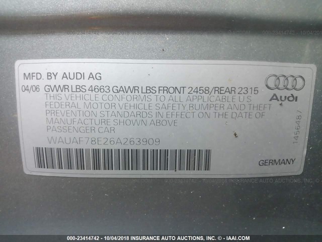 WAUAF78E26A263909 - 2006 AUDI A4 2/TURBO GRAY photo 9