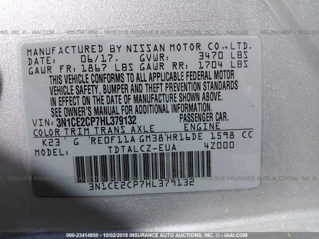 3N1CE2CP7HL379132 - 2017 NISSAN VERSA NOTE S/S PLUS/SV/SL/SR SILVER photo 9