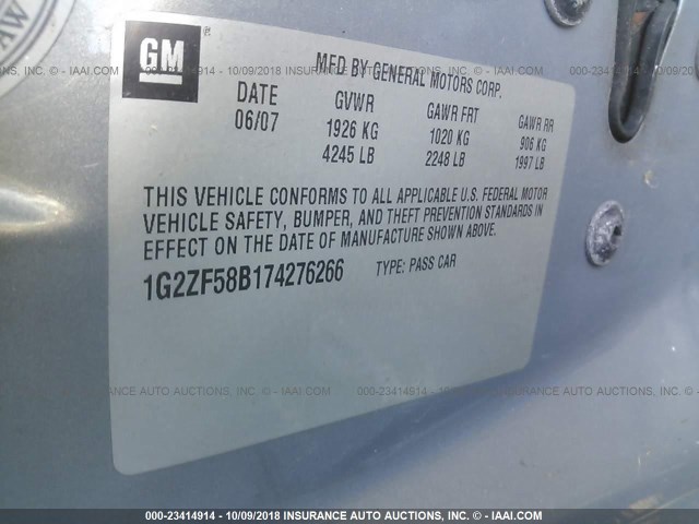 1G2ZF58B174276266 - 2007 PONTIAC G6 VALUE LEADER/BASE GRAY photo 9