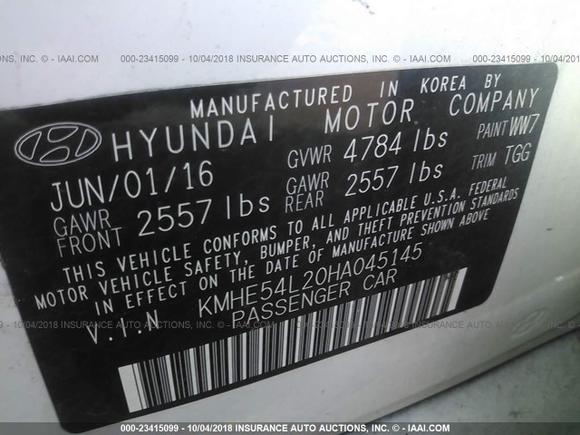 KMHE54L20HA045145 - 2017 HYUNDAI SONATA PLUG-IN HYBRID/LIMITED WHITE photo 9