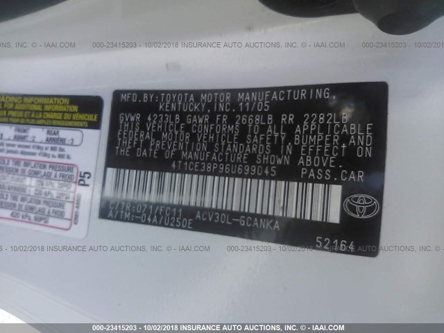 4T1CE38P96U699045 - 2006 TOYOTA CAMRY SOLARA SE/SLE Ağ foto 9