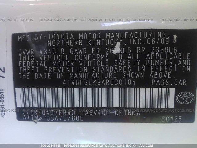 4T4BF3EK8AR030104 - 2010 TOYOTA CAMRY SE/LE/XLE 白色 照片 9