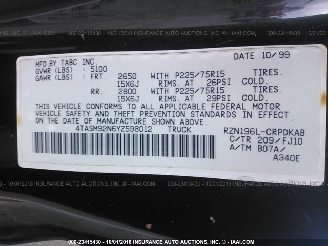 4TASM92N6YZ598012 - 2000 TOYOTA TACOMA XTRACAB PRERUNNER შავი ფოტო 9