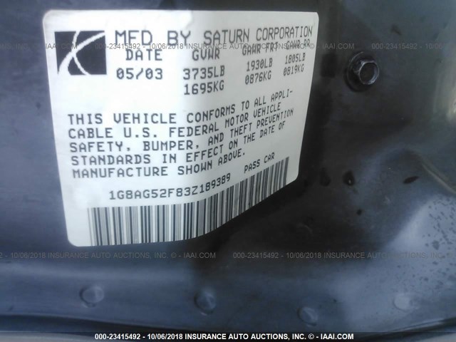 1G8AG52F83Z189389 - 2003 SATURN ION LEVEL 1 SILVER photo 9