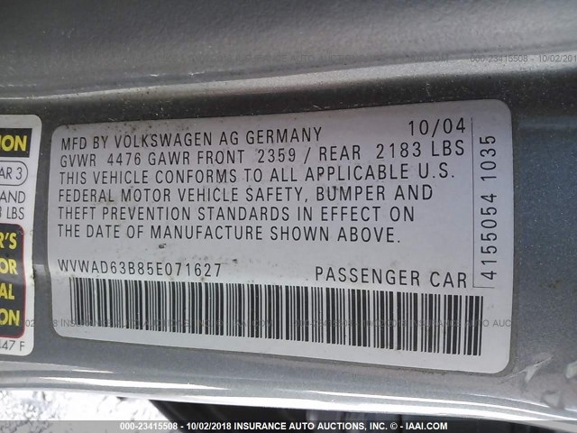 WVWAD63B85E071627 - 2005 VOLKSWAGEN PASSAT GLS GRAY photo 9